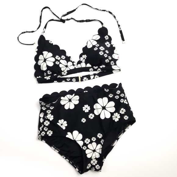 kate spade Other - Kate Spade Floral Scallop French Bikini Set XS Triangle Bikini Black High Waist